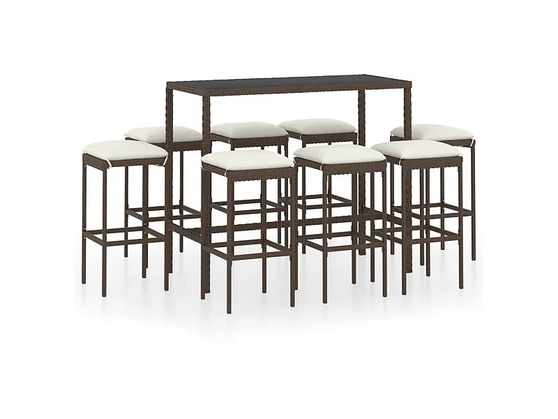 Meuble de bar de jardin 9 pcs et coussins Résine tressée Marron 2