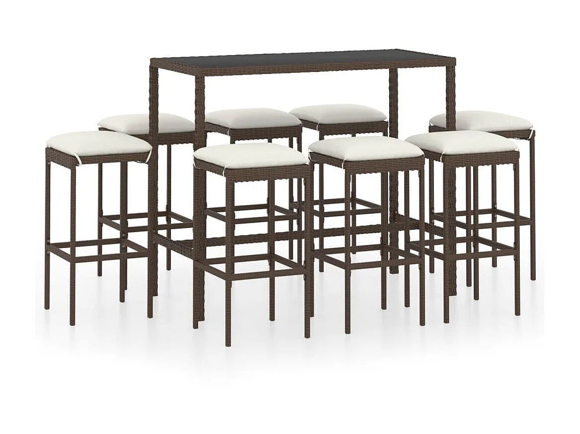 Meuble de bar de jardin 9 pcs et coussins Résine tressée Marron 2