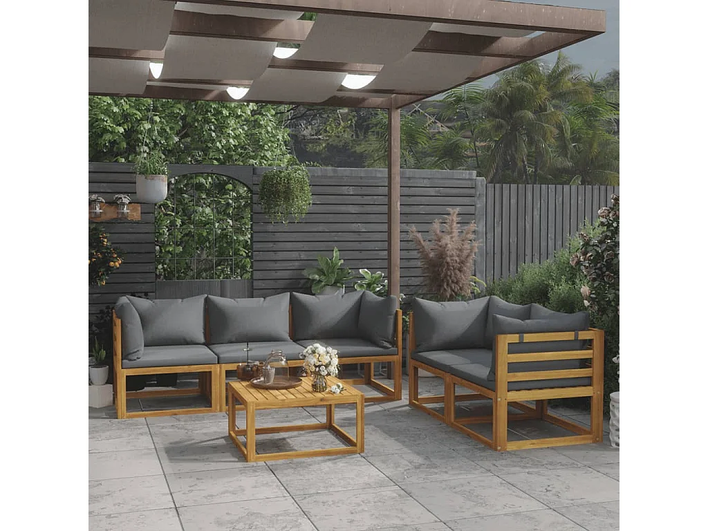 Salon de jardin 6 pcs avec coussin Bois d'acacia solide 3