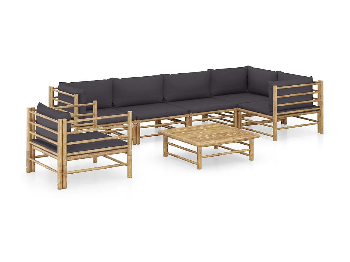 Salon de jardin 7 pcs avec coussins gris foncé Bambou 5