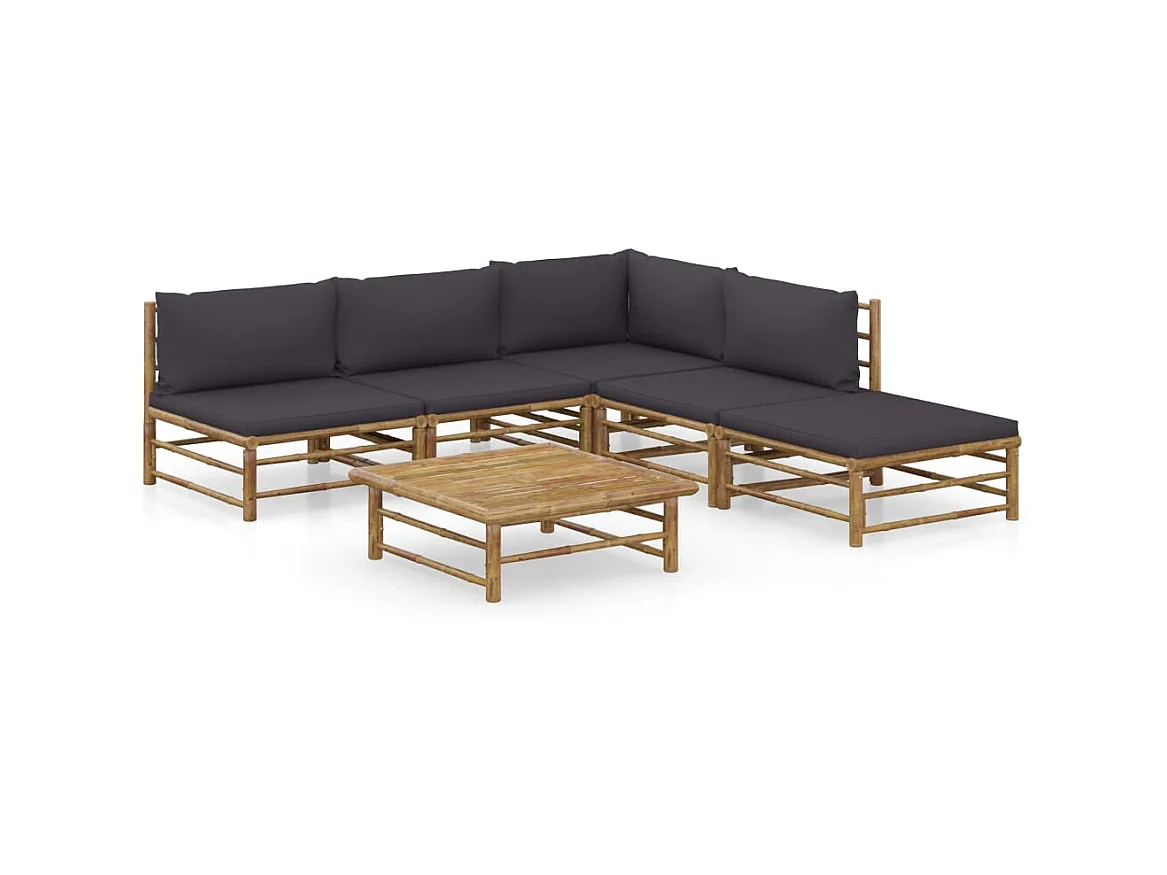 Salon de jardin 6 pcs avec coussins gris foncé Bambou 6