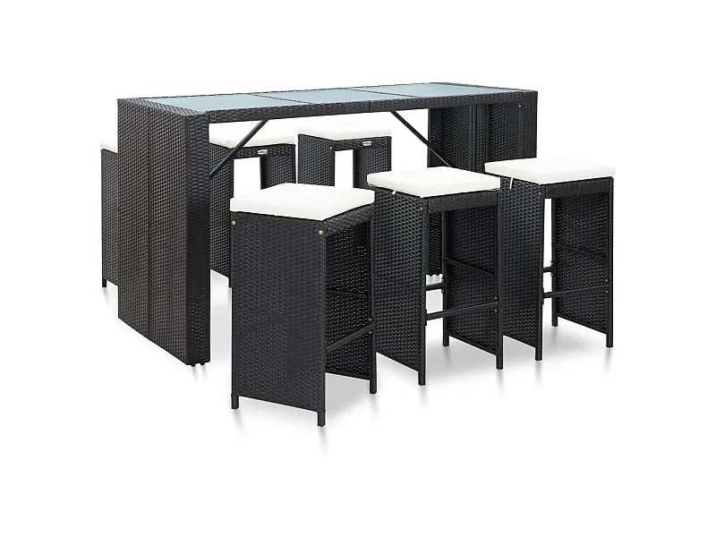 Meuble de bar de jardin 7 pcs et coussins Résine tressée Noir