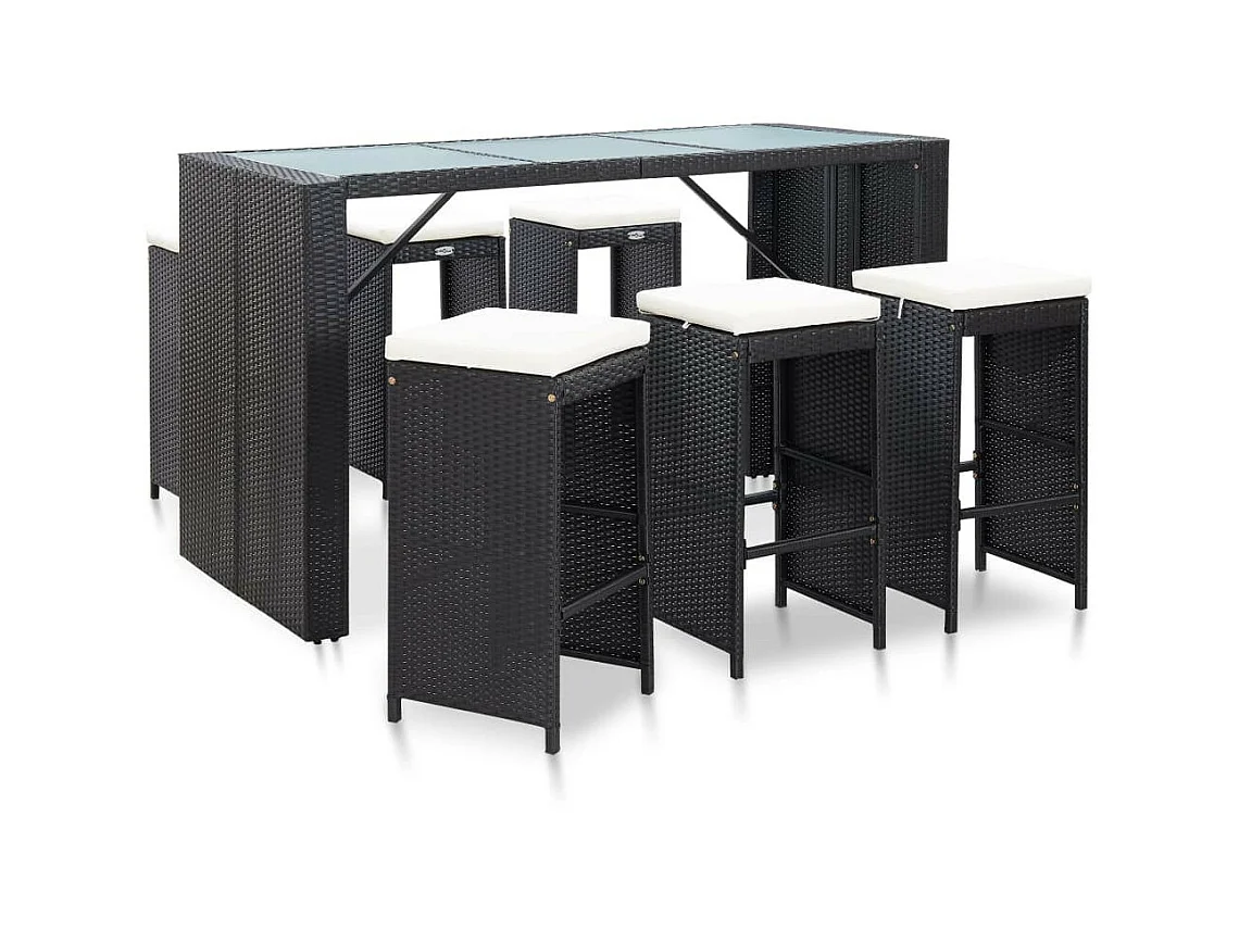 Meuble de bar de jardin 7 pcs et coussins Résine tressée Noir