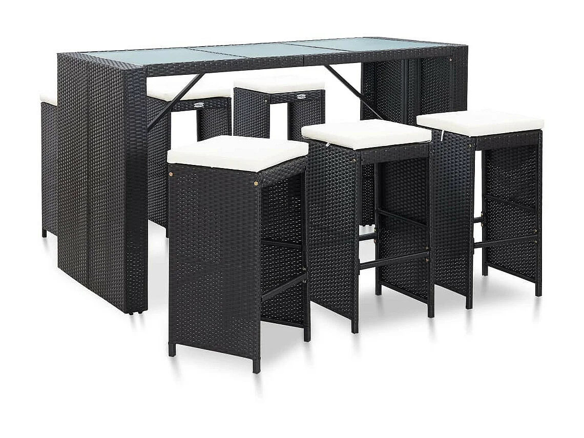 Meuble de bar de jardin 7 pcs et coussins Résine tressée Noir