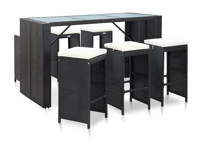 Meuble de bar de jardin 7 pcs et coussins Résine tressée Noir