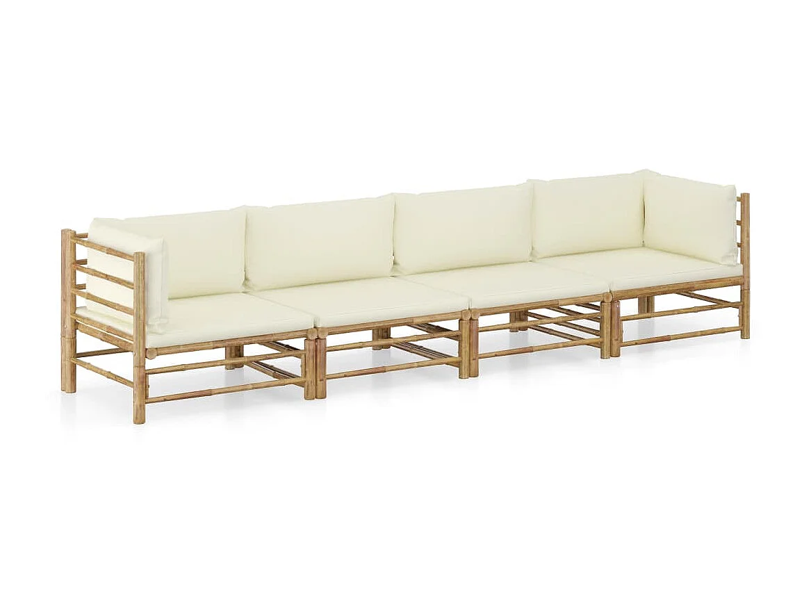 Salon de jardin 4 pcs avec coussins blanc crème Bambou 3