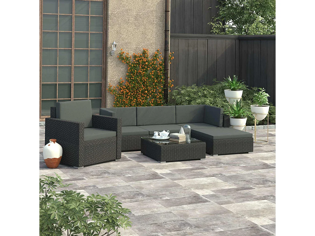 Salon de jardin 6 pcs avec coussins Résine tressée Noir 28