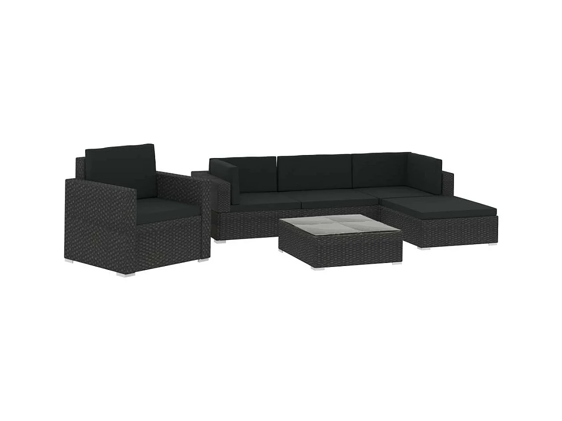 Salon de jardin 6 pcs avec coussins Résine tressée Noir 28