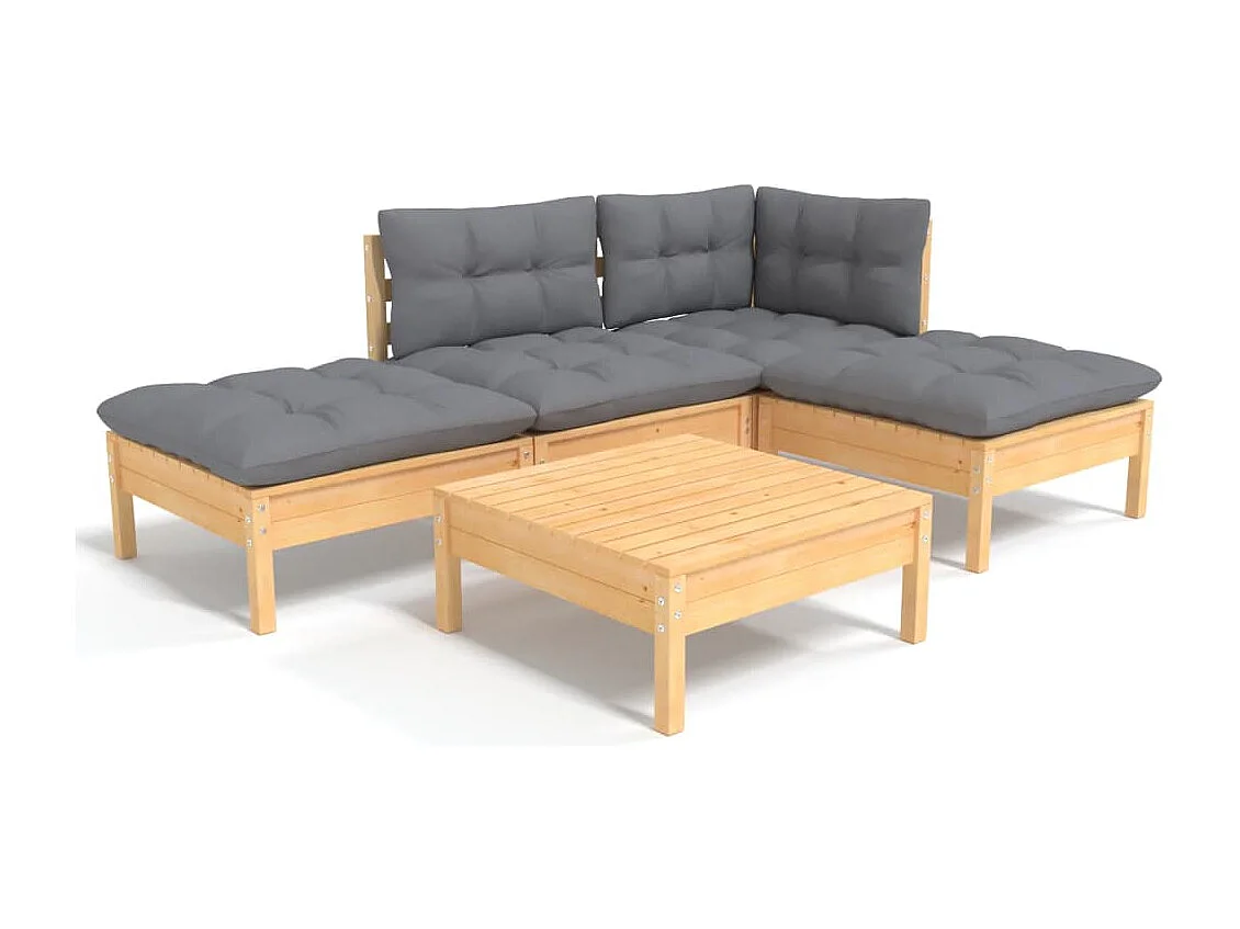 Salon de jardin 5 pcs avec coussins gris Bois de pin 3