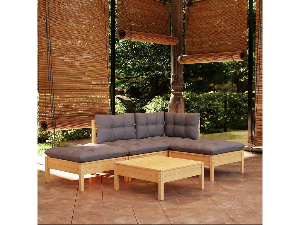 Salon de jardin 5 pcs avec coussins gris Bois de pin 3