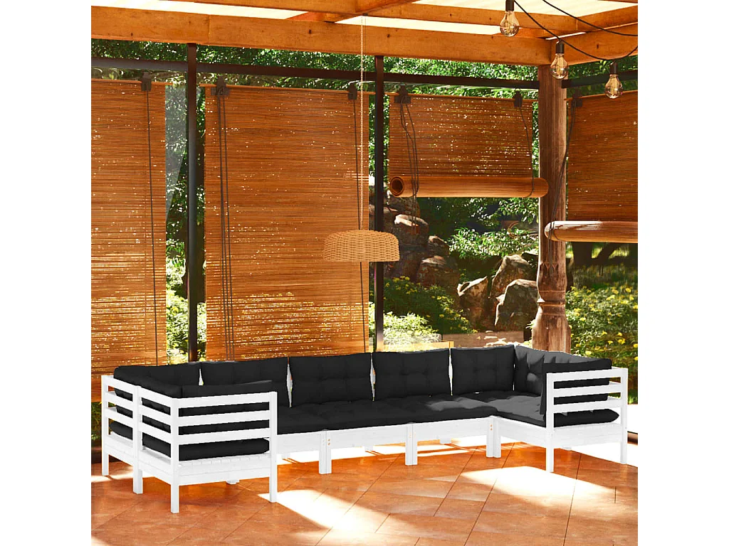 Salon de jardin 7 pcs avec coussins Blanc Bois de pin 4