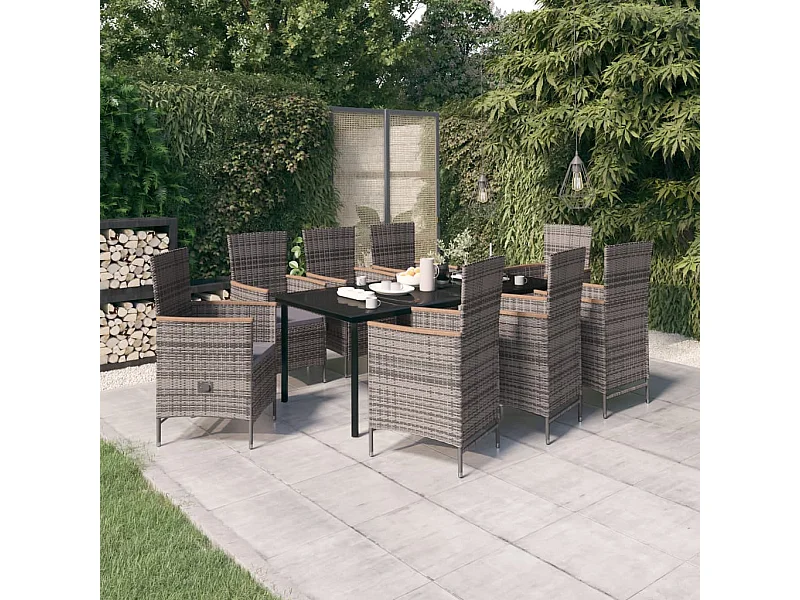 Ensemble de salle à manger de jardin avec coussins 9 pcs Gris