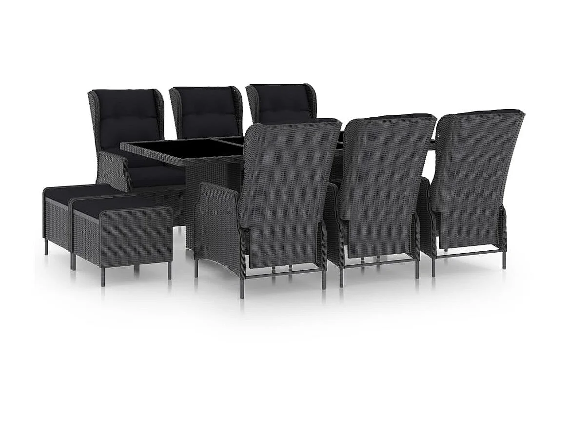 Mobilier à dîner 9 pcs avec coussins Résine tressée Gris foncé
