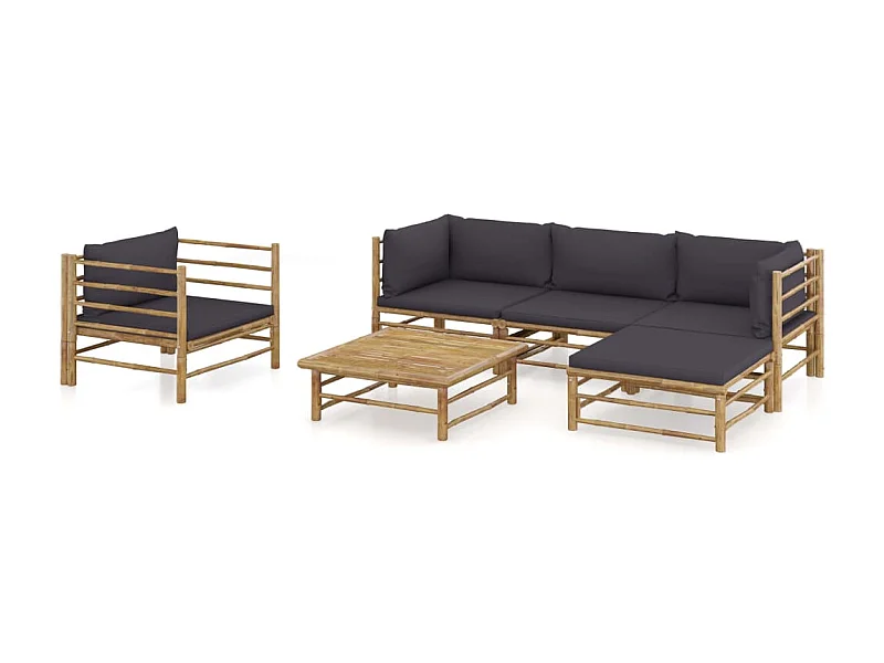 Salon de jardin 6 pcs avec coussins gris foncé Bambou 4