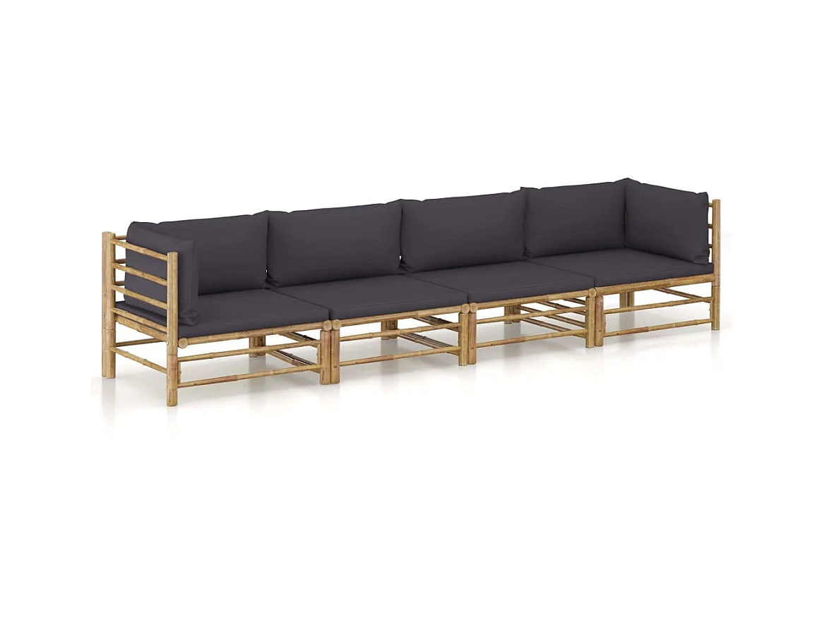 Salon de jardin 4 pcs avec coussins gris foncé Bambou