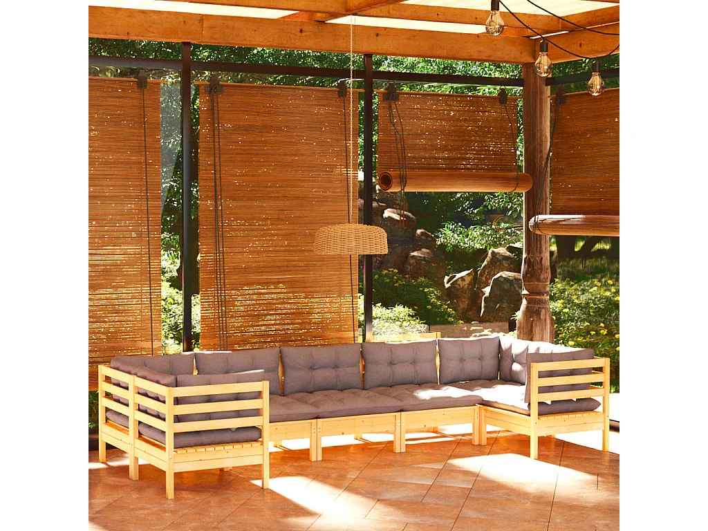 Salon de jardin 7 pcs avec coussins gris Bois de pin 6