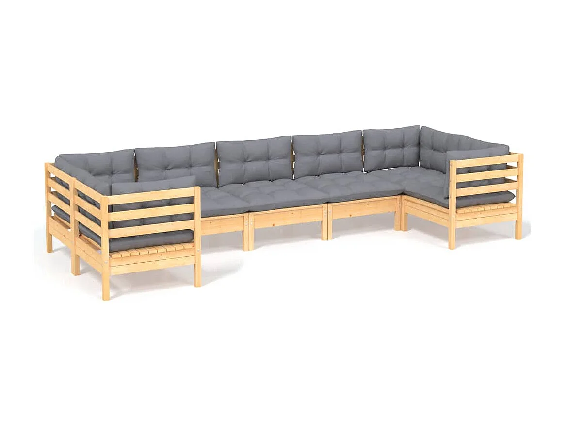 Salon de jardin 7 pcs avec coussins gris Bois de pin 6