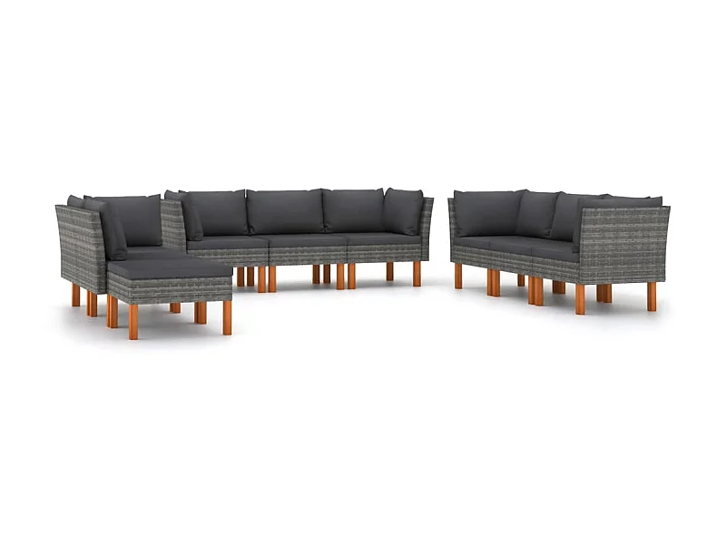 Salon de jardin 9 pcs avec coussins Résine tressée Gris 32