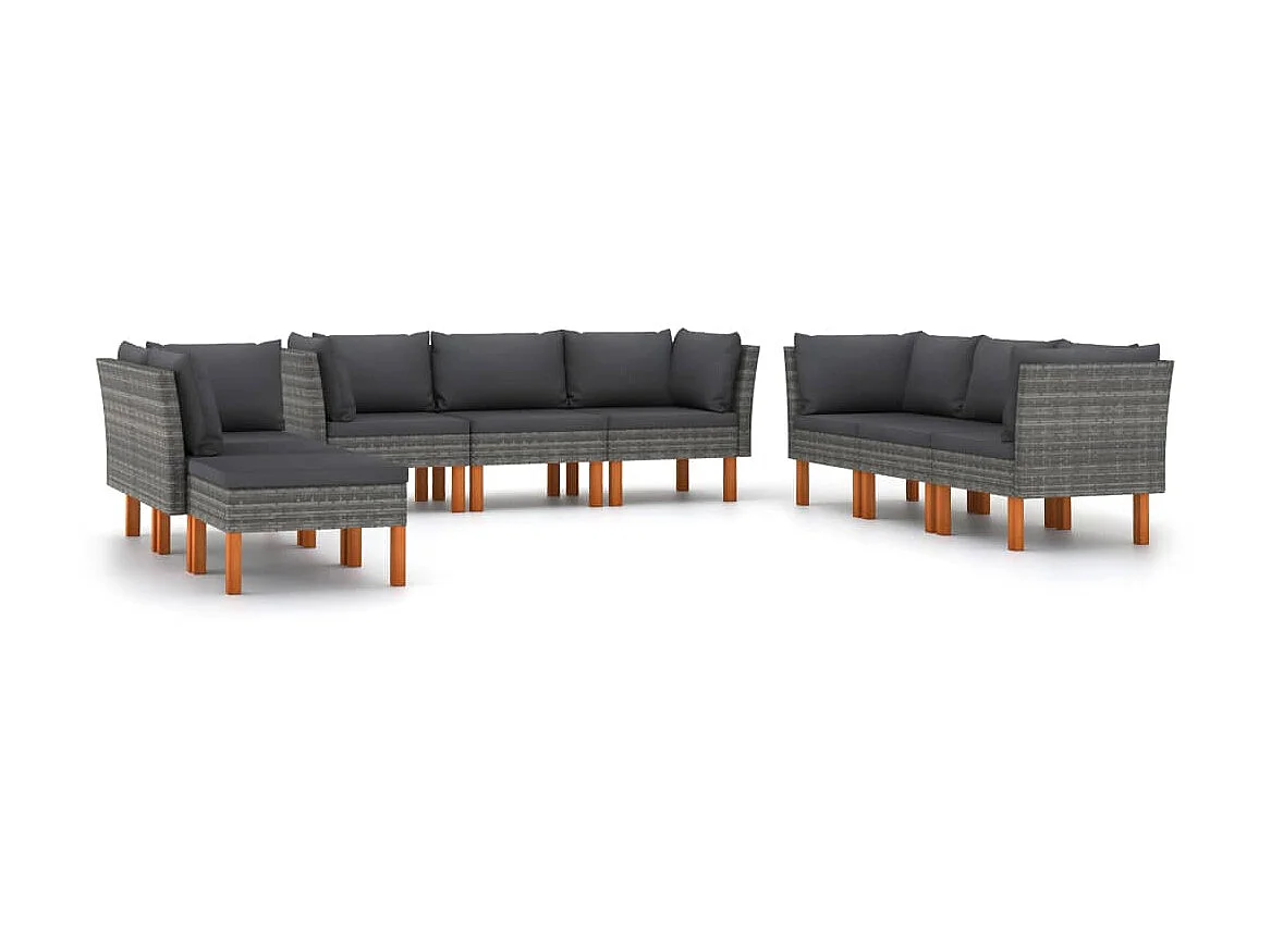 Salon de jardin 9 pcs avec coussins Résine tressée Gris 32
