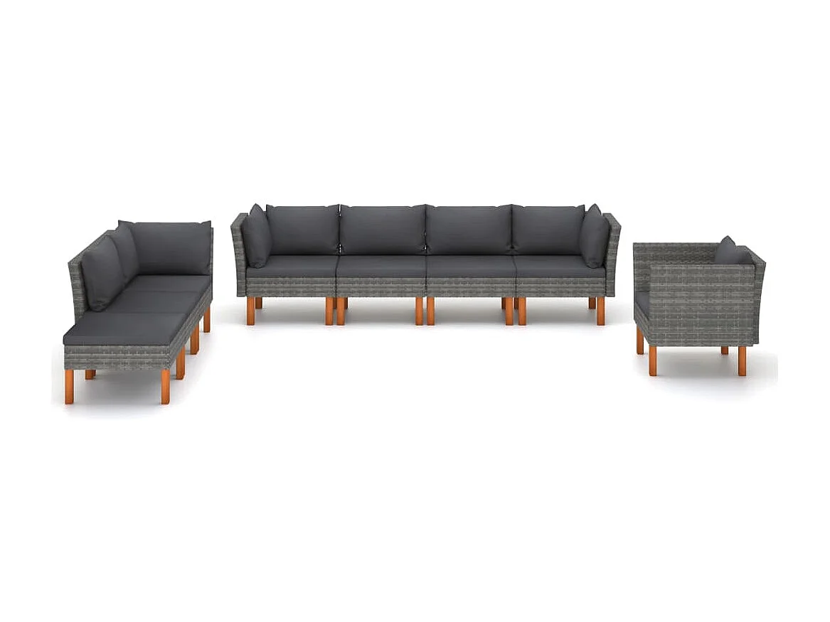 Salon de jardin 8 pcs Résine tressée et bois d'eucalyptus Gris