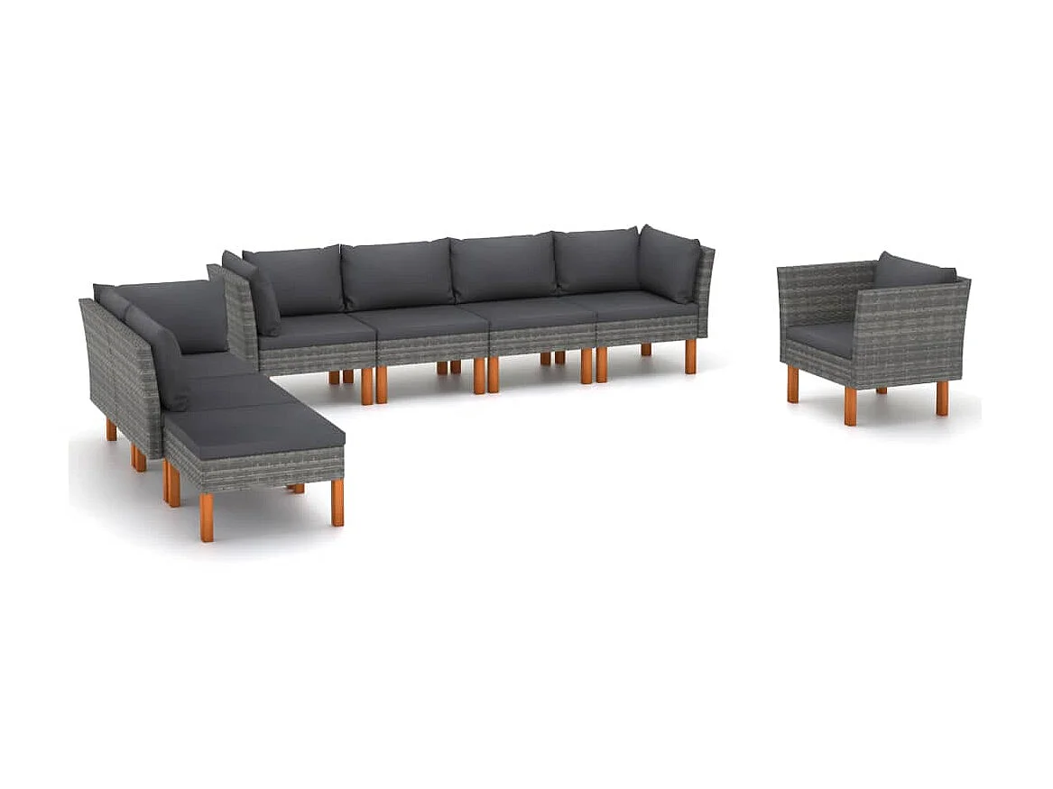 Salon de jardin 8 pcs Résine tressée et bois d'eucalyptus Gris