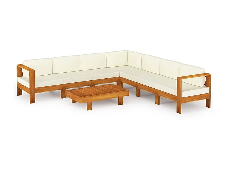Salon de jardin 8 pcs avec coussins blanc crème Bois d'acacia 3