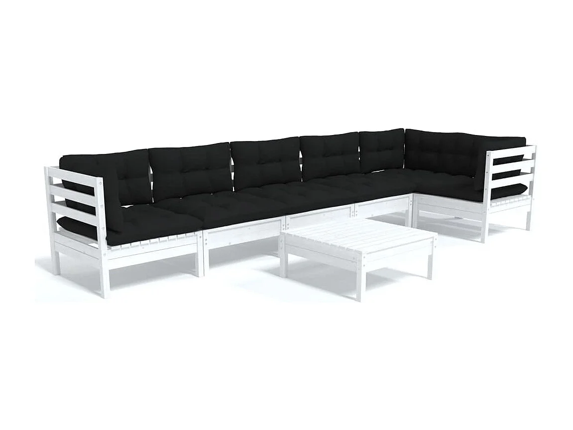 Salon de jardin 7 pcs avec coussins Blanc Bois de pin