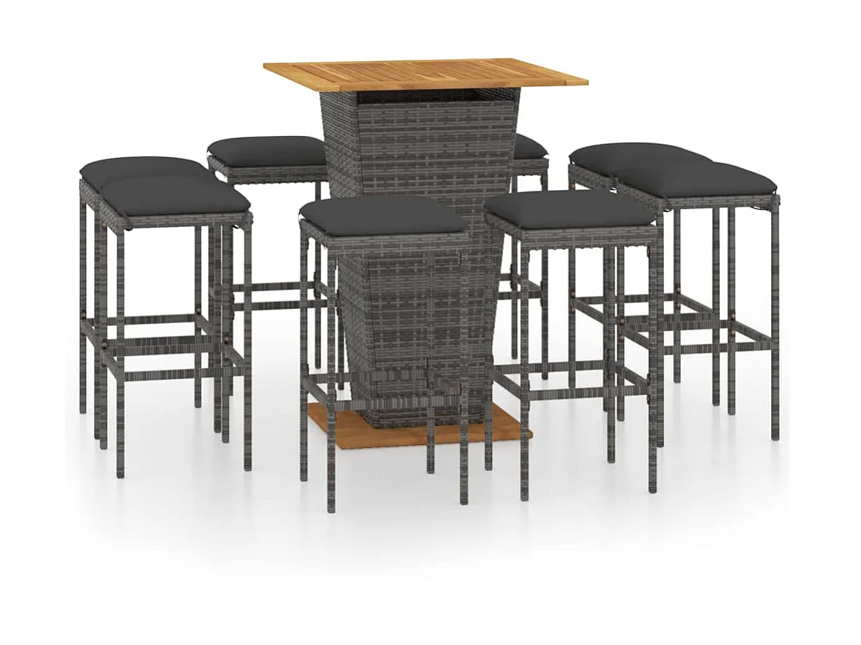 Ensemble de bar de jardin 9 pcs et coussins Résine tressée Gris 4
