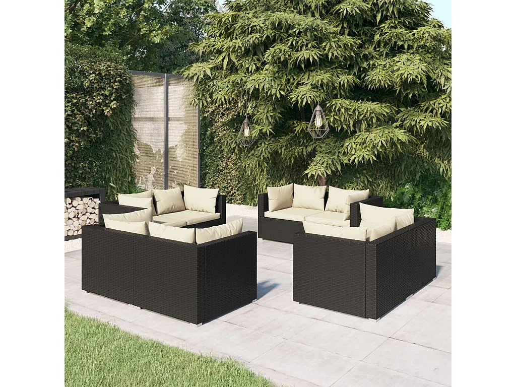 Salon de jardin 8 pcs avec coussins Résine tressée Noir 35