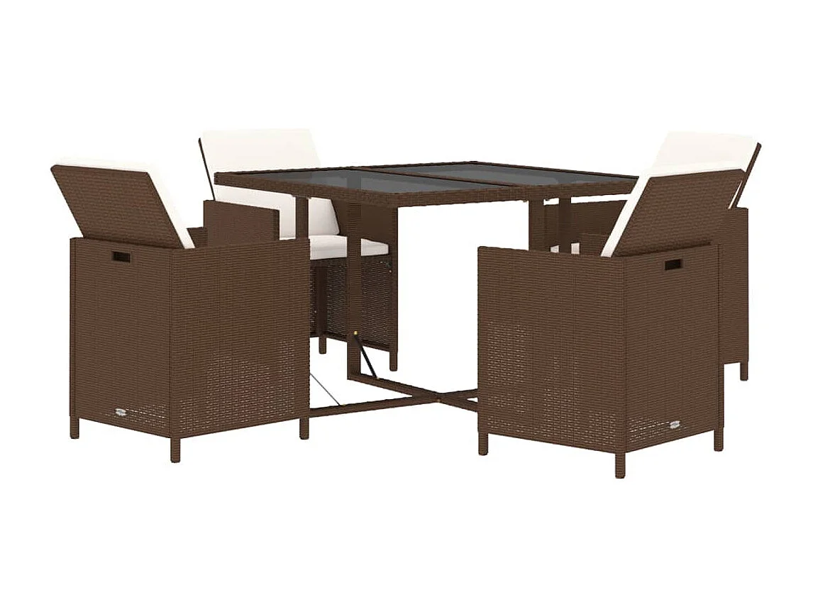 Meubles à dîner de jardin et coussins 5 pcs Poly rotin Marron