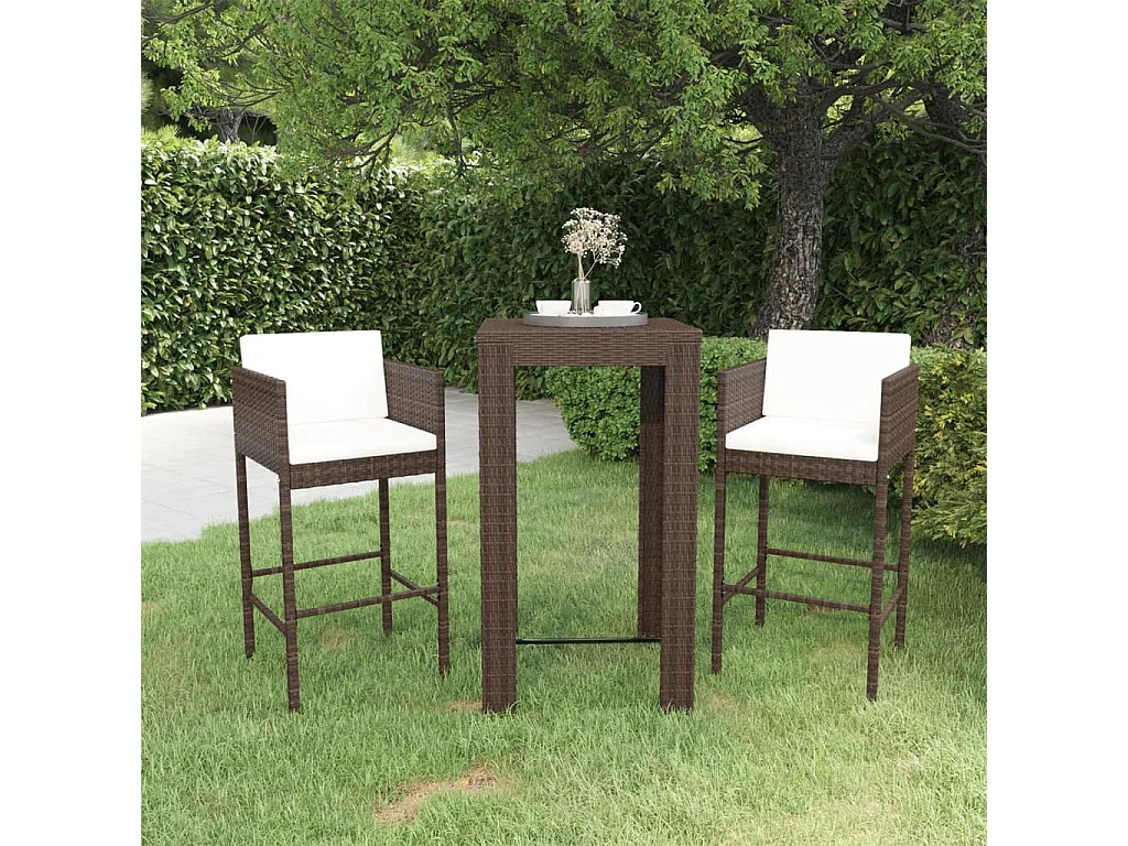 Meubles de bar de jardin 3pcs et coussins Résine tressée Marron