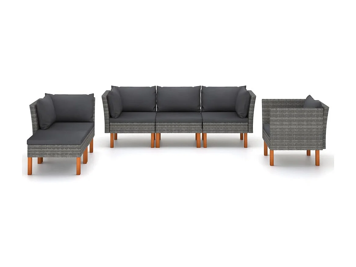 Salon de jardin 6 pcs Résine tressée et bois d'eucalyptus Gris