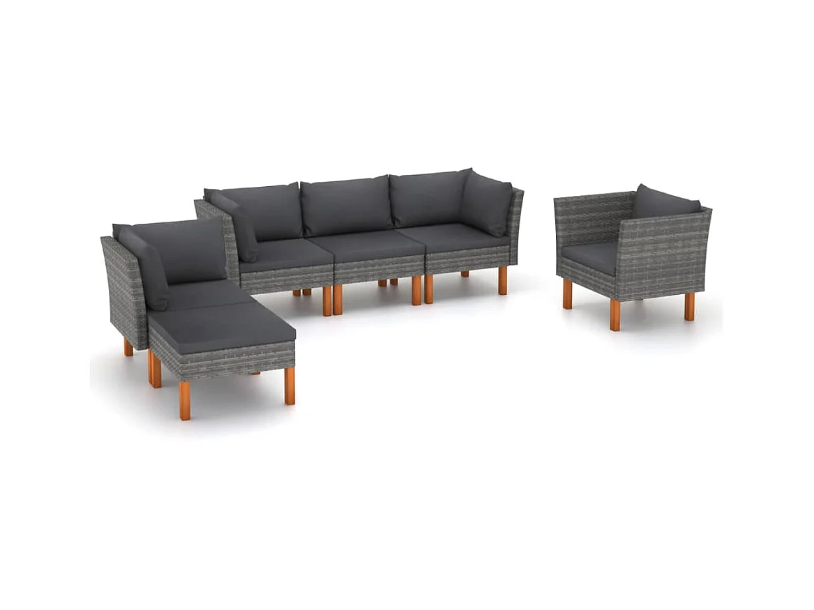 Salon de jardin 6 pcs Résine tressée et bois d'eucalyptus Gris