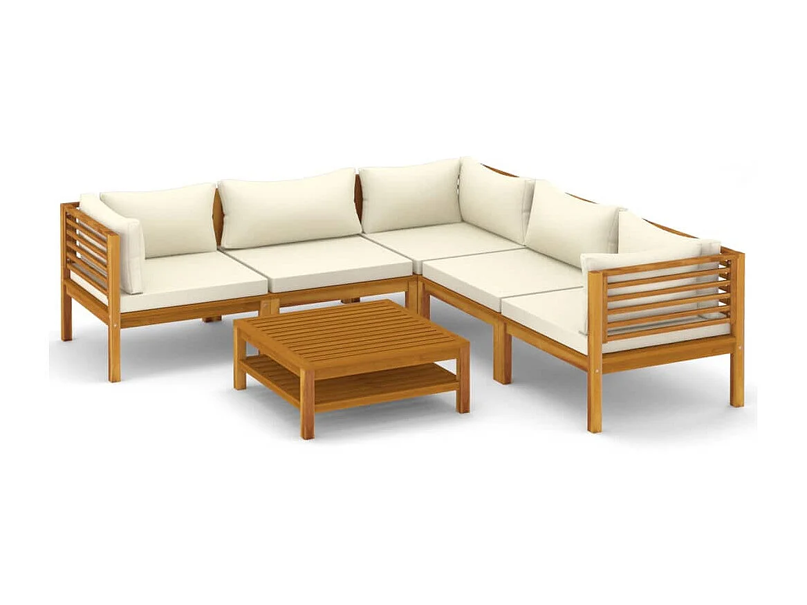 Salon de jardin 6 pcs avec coussin crème Bois d'acacia solide 5