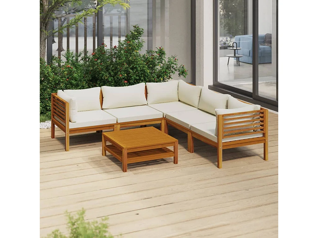 Salon de jardin 6 pcs avec coussin crème Bois d'acacia solide 5
