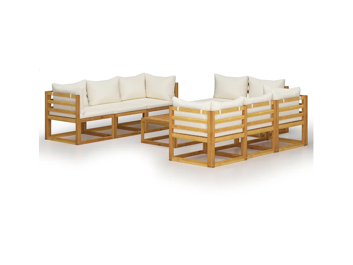 Salon de jardin 9 pcs avec coussin Crème Bois d'acacia solide 2