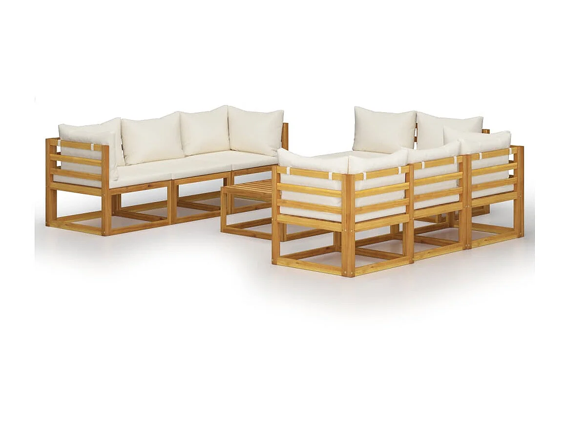 Salon de jardin 9 pcs avec coussin Crème Bois d'acacia solide 2