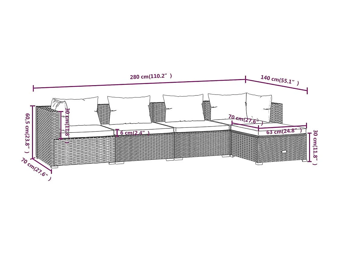 Salon de jardin 5 pcs avec coussins Résine tressée Marron 21