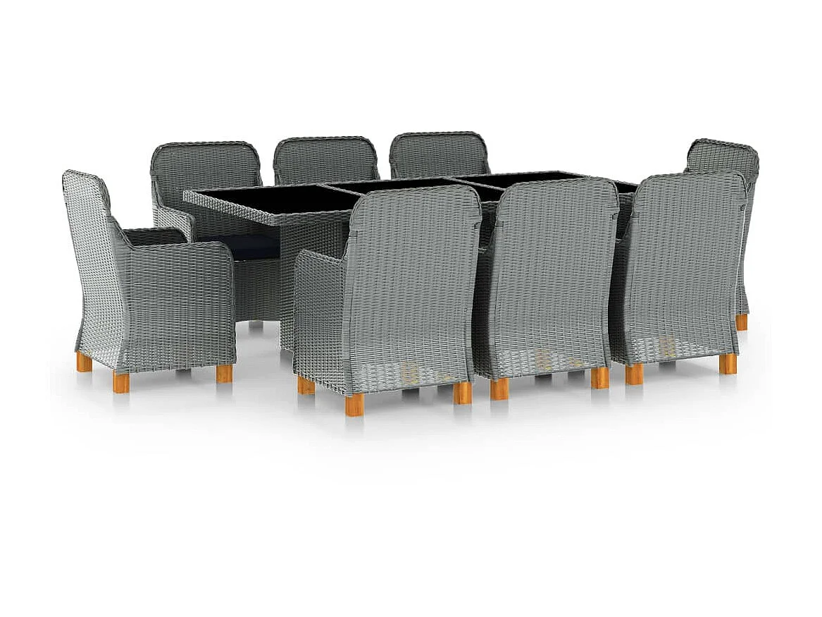 Mobilier à dîner 9 pcs avec coussins Résine tressée Gris clair 10