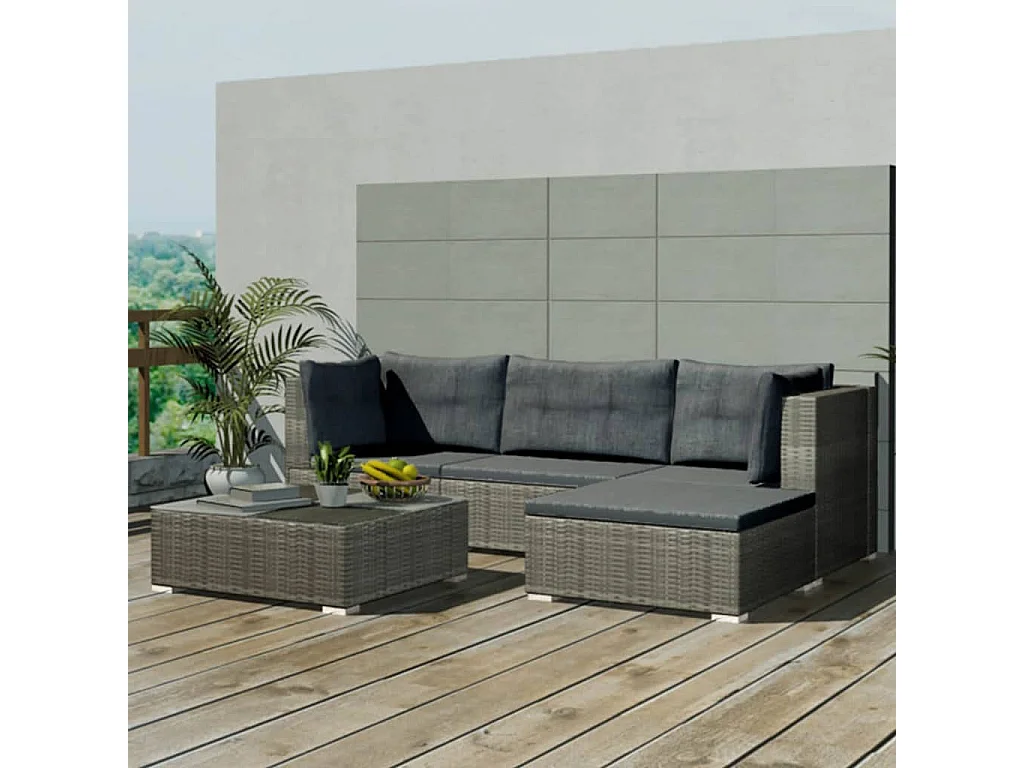 Salon de jardin 5 pcs avec coussins Résine tressée Gris 9