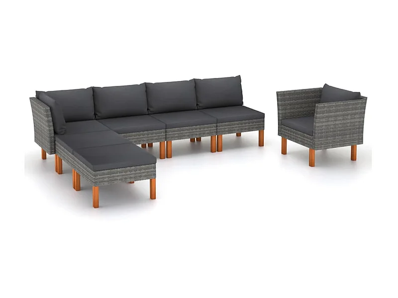 Salon de jardin 7 pcs Résine tressée et bois d'eucalyptus Gris