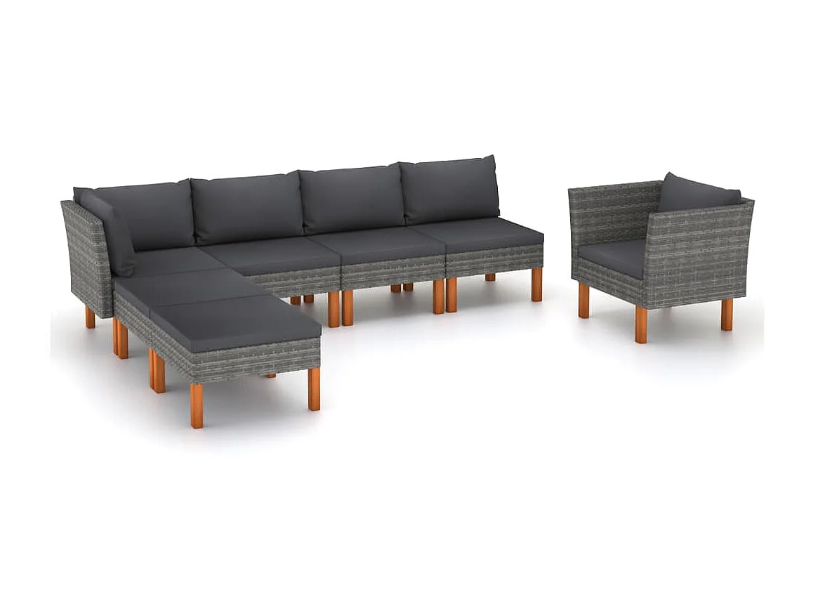 Salon de jardin 7 pcs Résine tressée et bois d'eucalyptus Gris