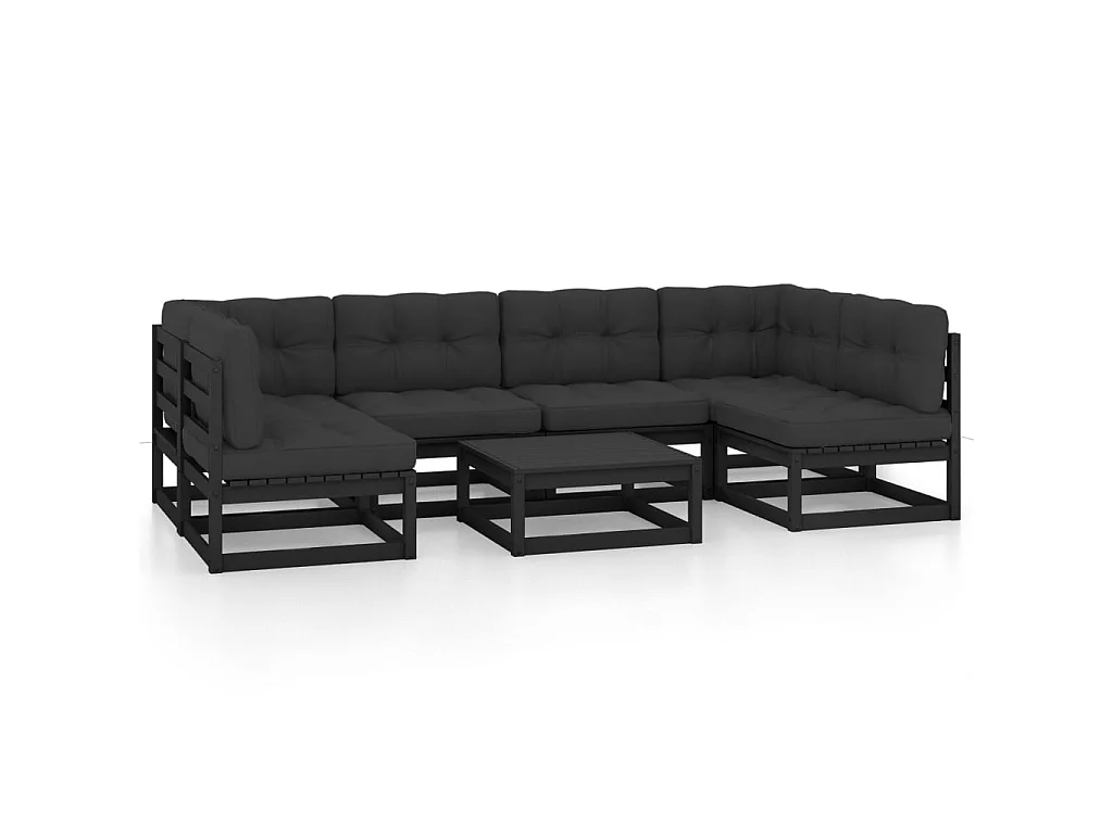 Salon de jardin 7 pcs avec coussins Noir Bois de pin massif 8