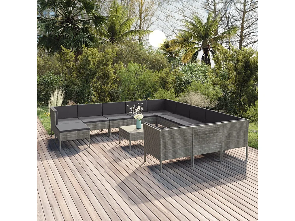 Salon de jardin 13 pcs avec coussins Résine tressée Gris 3