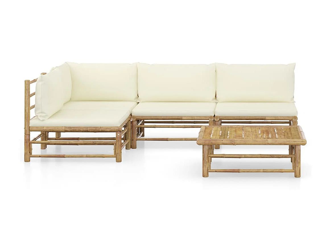 Salon de jardin 5 pcs avec coussins blanc crème Bambou 3
