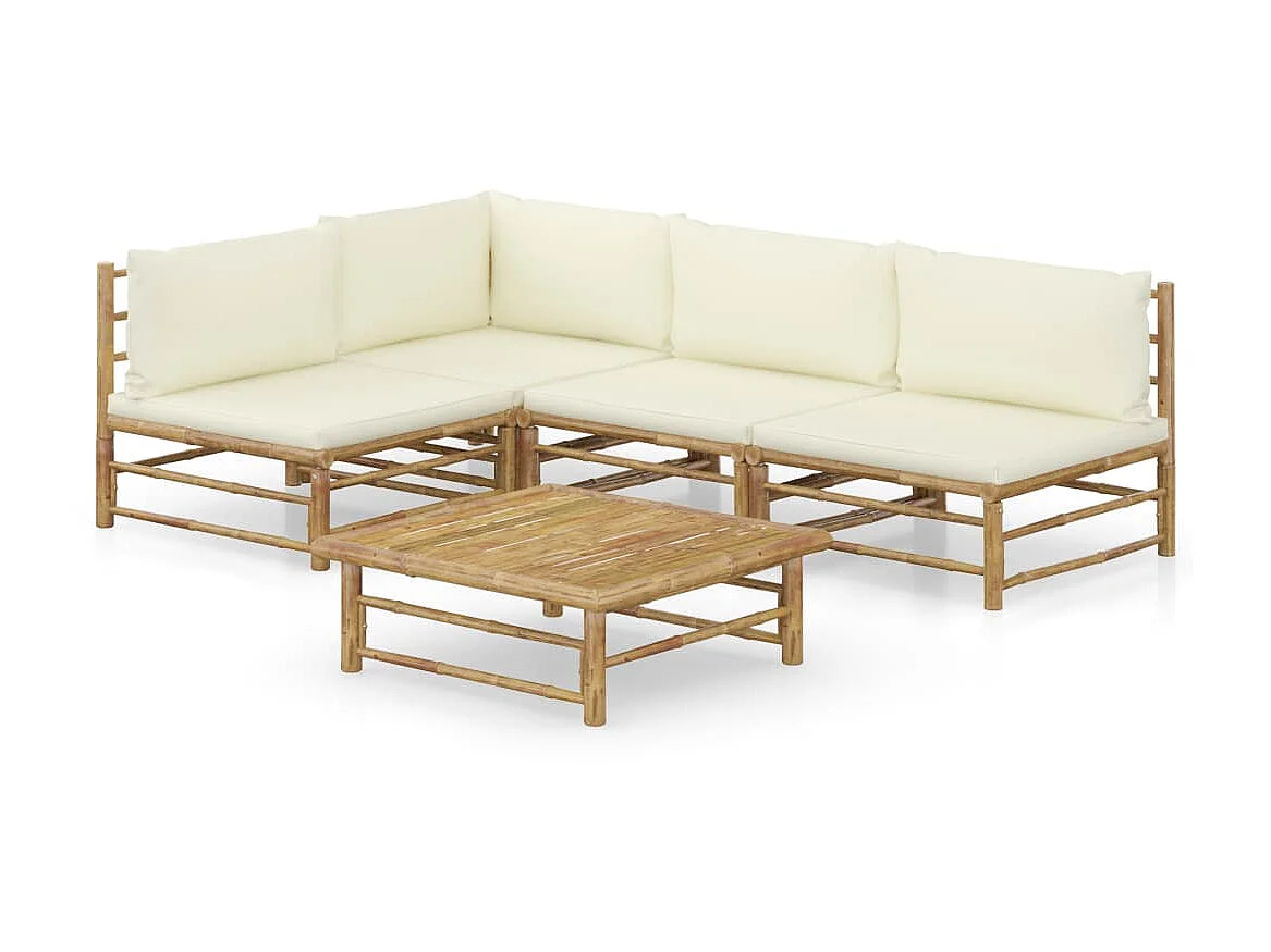 Salon de jardin 5 pcs avec coussins blanc crème Bambou 3