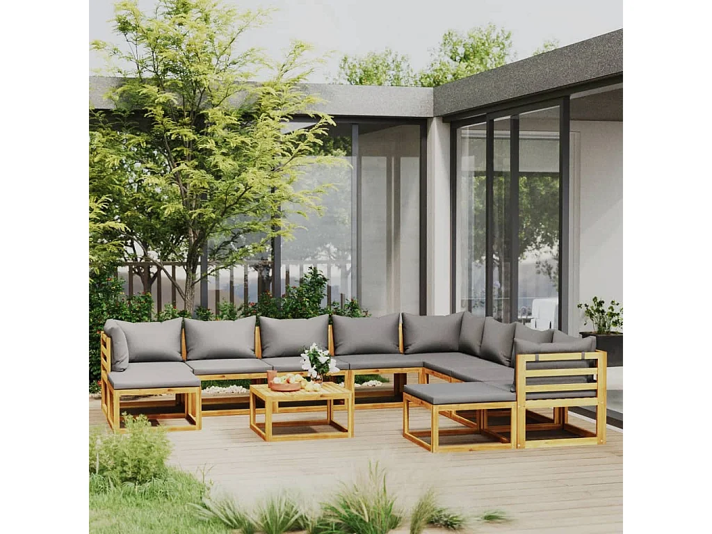 Salon de jardin 11 pcs avec coussin Bois d'acacia solide