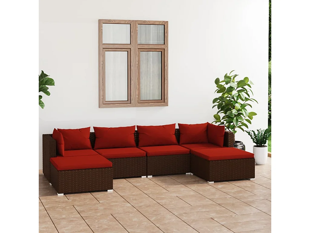 6-delige Loungeset met kussens poly rattan bruin
