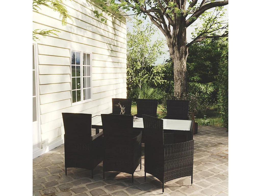 Salon d'extérieur 7 pcs avec coussins Résine tressée Noir 3