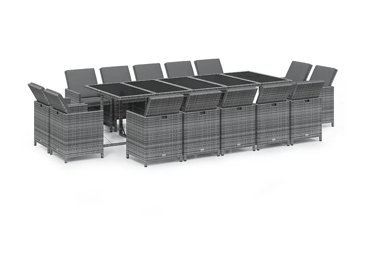 Ensemble à dîner de jardin coussins 15 pcs Résine tressée Gris
